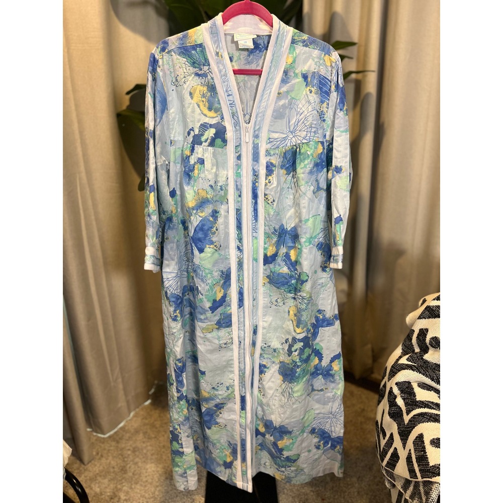 National Blue Butterfly Floral Zip Front House Coat Robe 1X 3/4 Sleeve Maxi